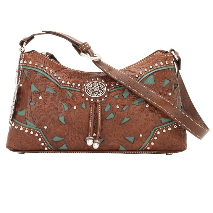 Lady Lace Zip Top Shoulder Bag -  Hand Tooled Genuine Leather