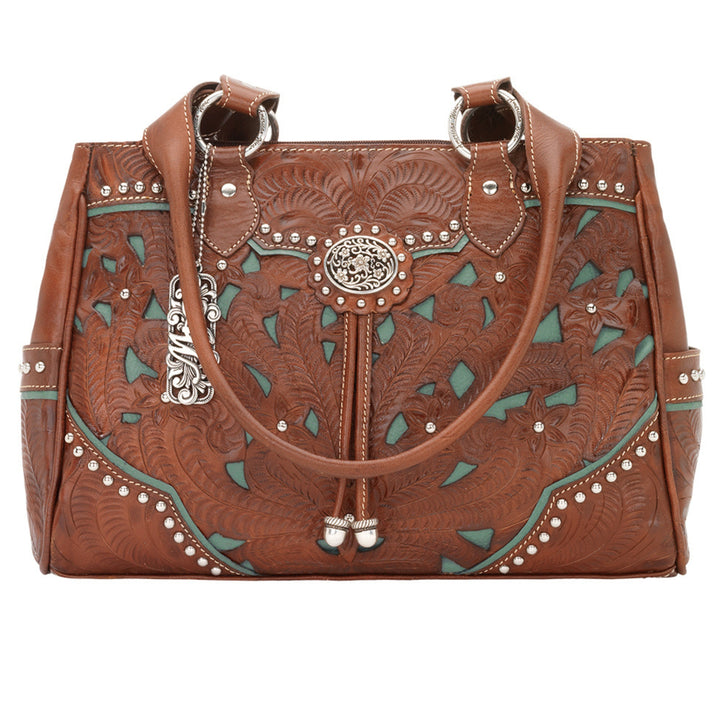 Lady Lace multi-compartment organizer tote in medium brown with hand tooled leather and cut out accents