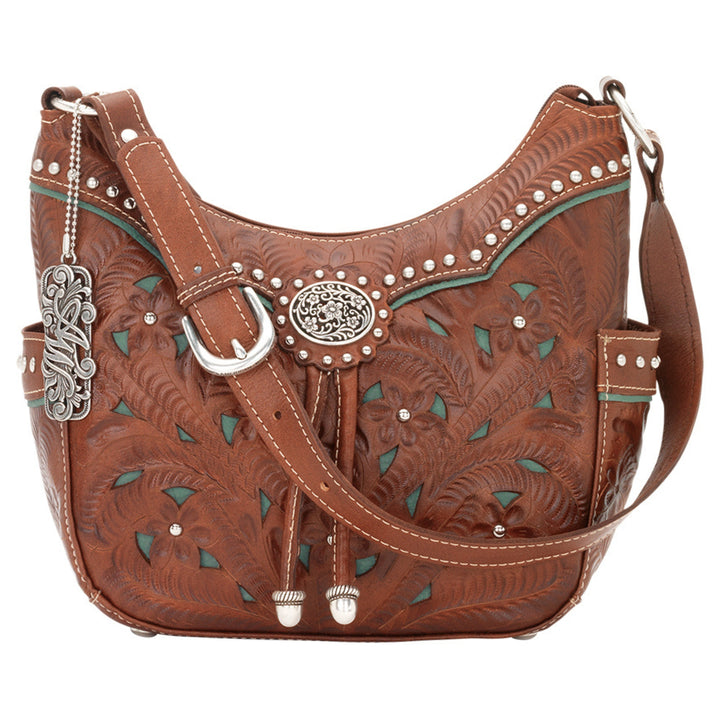 Lady Lace hobo bag with two side pockets in medium brown with hand tooled leather and cut out accents