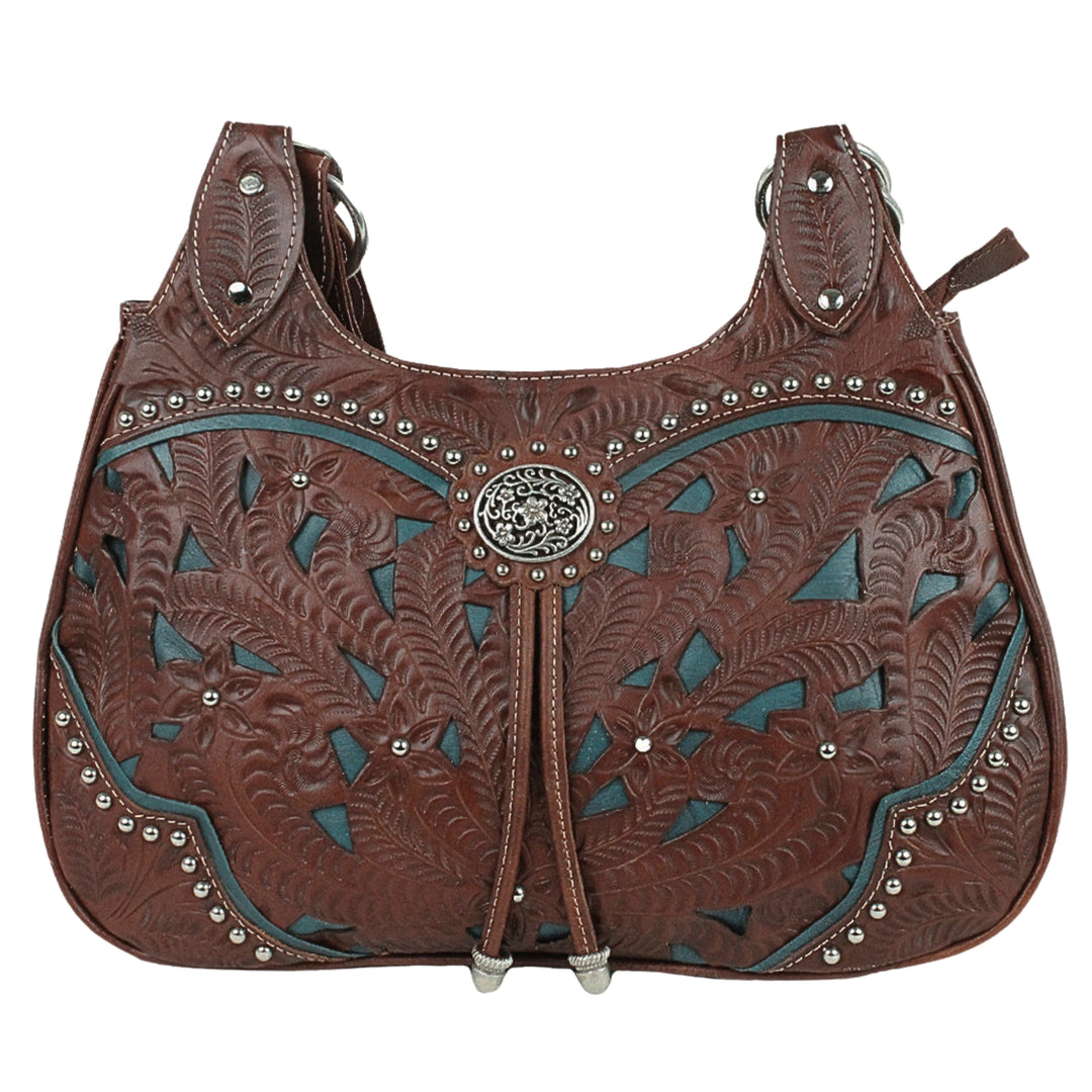 Lady Lace three compartment scoop tote in dark brown with hand tooled leather and cut out accents