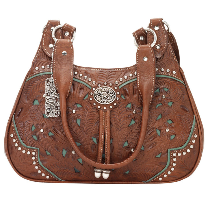 Lady Lace three compartment scoop tote in medium brown with hand tooled leather and cut out accents