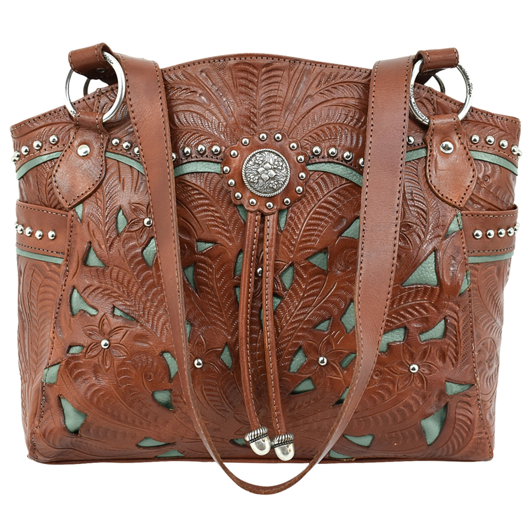 Lady Lace tote in medium brown with hand tooled leather and cut out accents