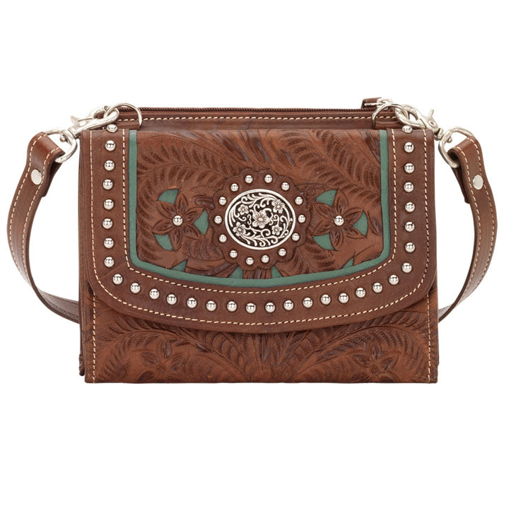 Lady Lace crossbody bag in medium brown with hand tooled leather and cut out accents