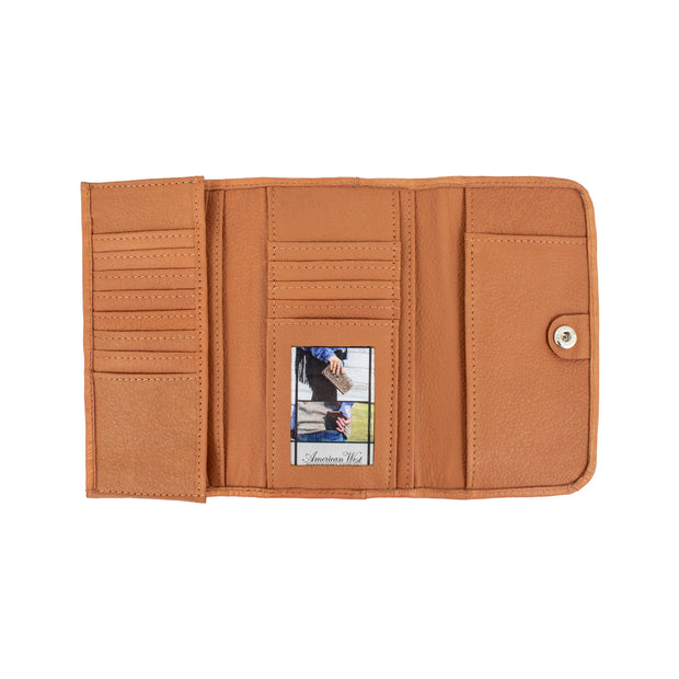 a brown leather wallet with multiple card slots and a small pocket.
