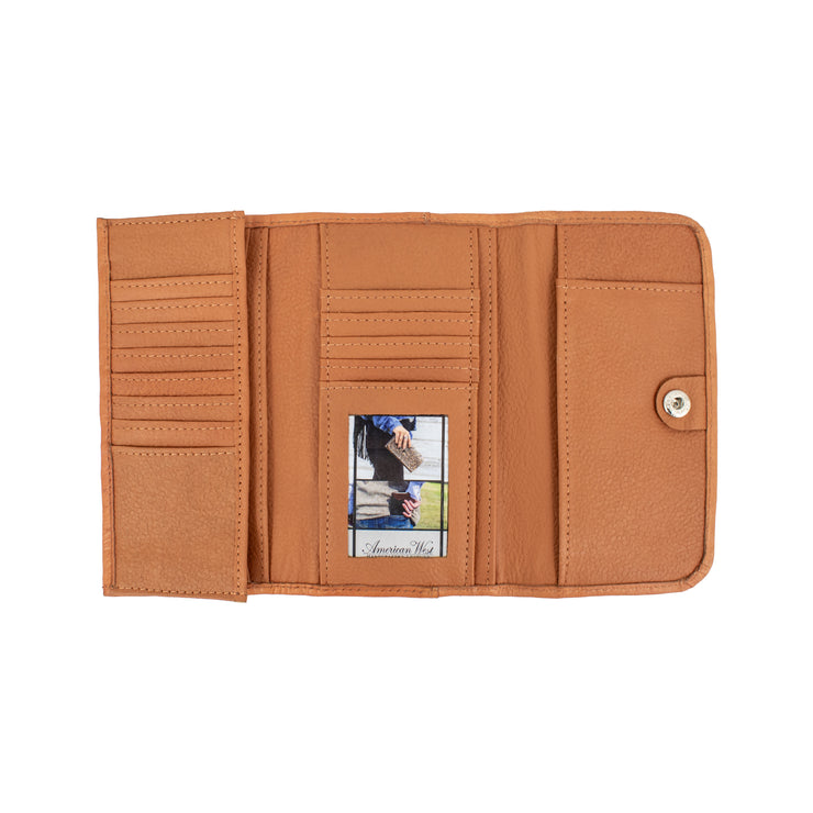 a brown leather wallet with multiple card slots and a small pocket.