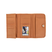 a brown leather wallet with multiple card slots and a small pocket.
