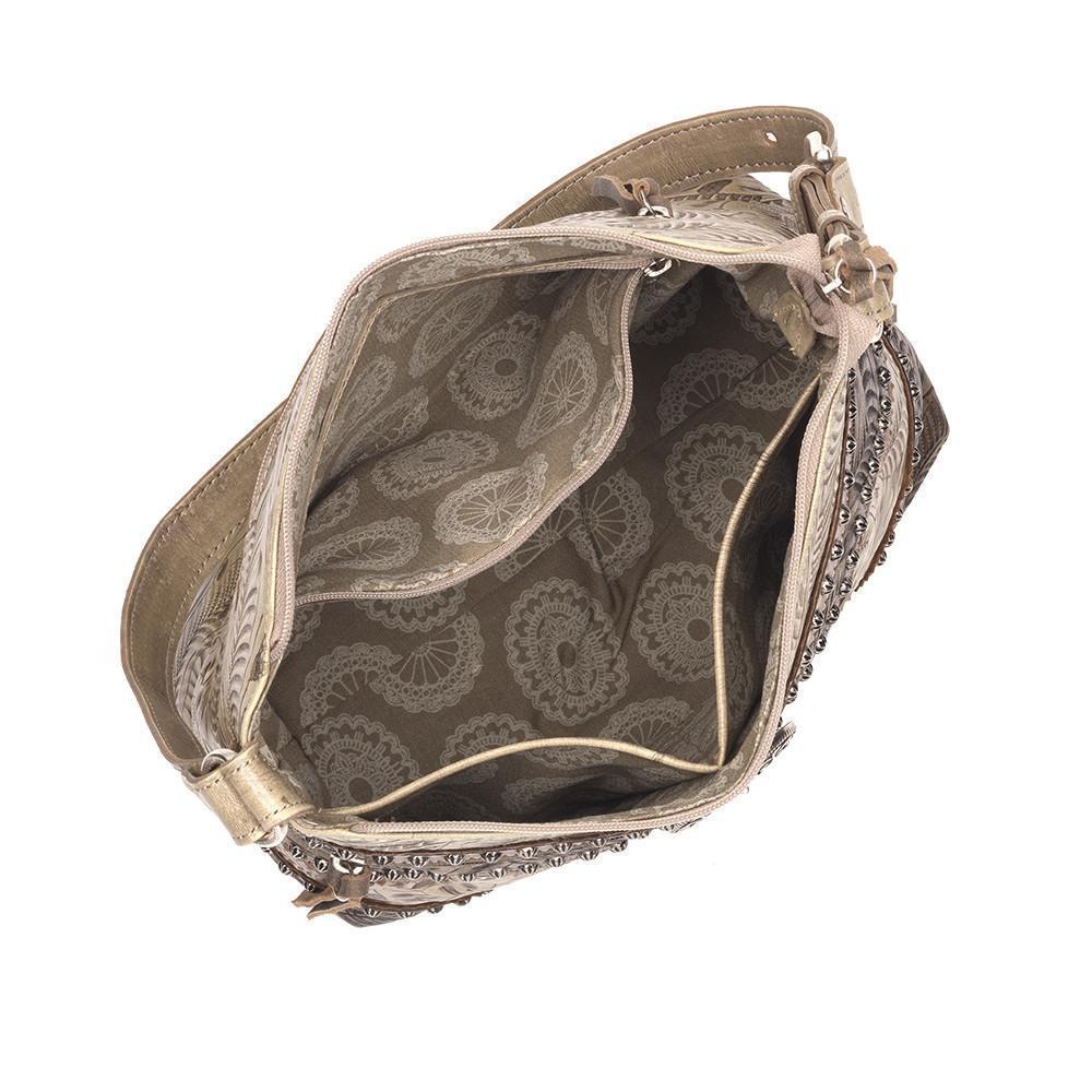 Inside view of Saddle Ridge shoulder bag with one zippered and two slip pockets