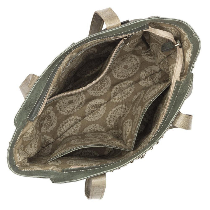 Inside view of Navajo Soul tote with one zippered and two slip pockets
