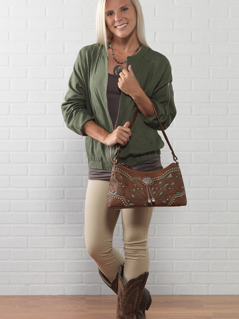 Lady Lace Zip Top Shoulder Bag -  Hand Tooled Genuine Leather
