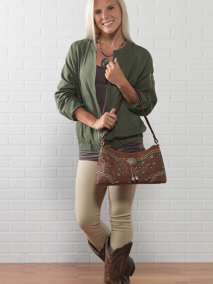 Lady Lace Zip Top Shoulder Bag -  Hand Tooled Genuine Leather