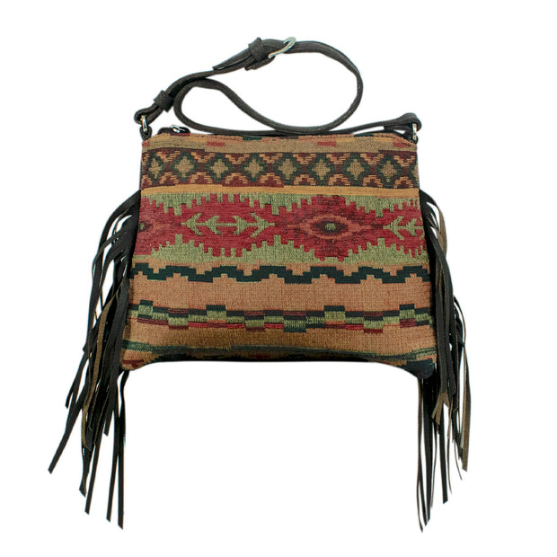 Woven Tapestry Zip-Top Shoulder Bag w/ Ultra Soft Leather