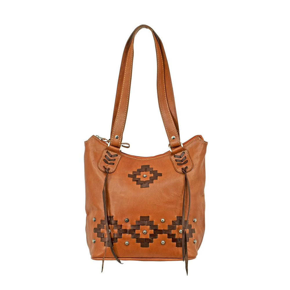 Tribal Weave bucket tote in natural tan with leather stitching accents with straps up