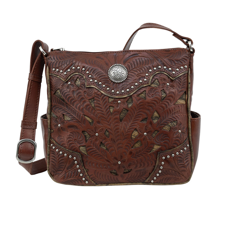 Leather crossbody bag with all-over embossed eagle