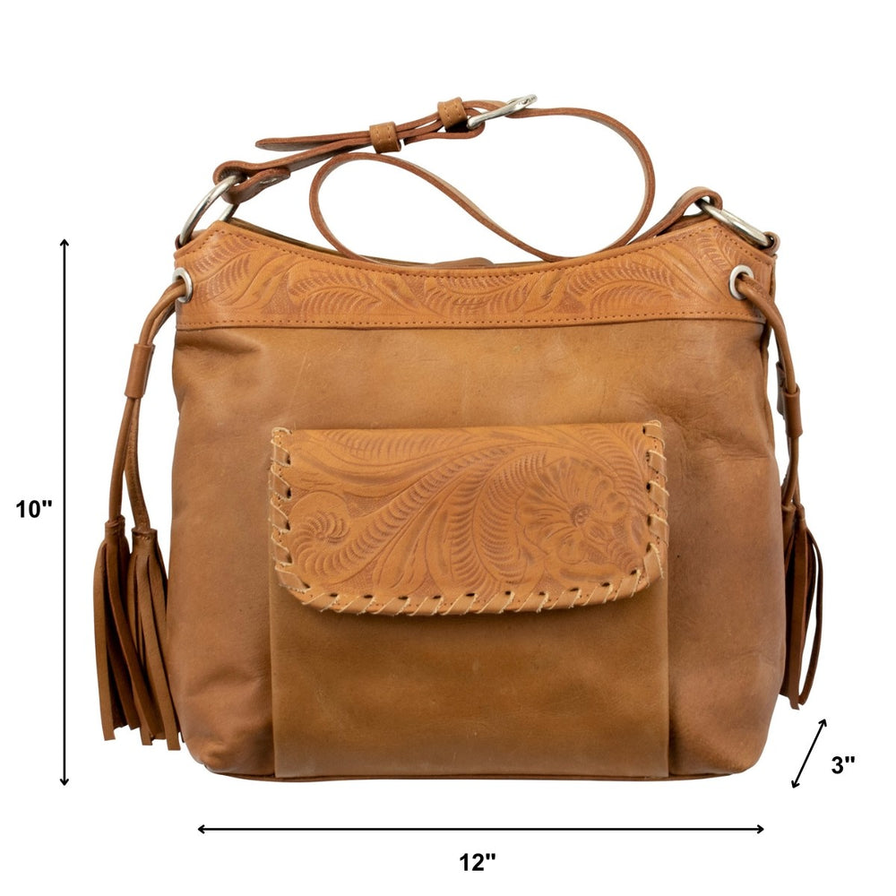 Waxed Leather shoulder bag in natural tan with hand tooled leather accents with dimensions