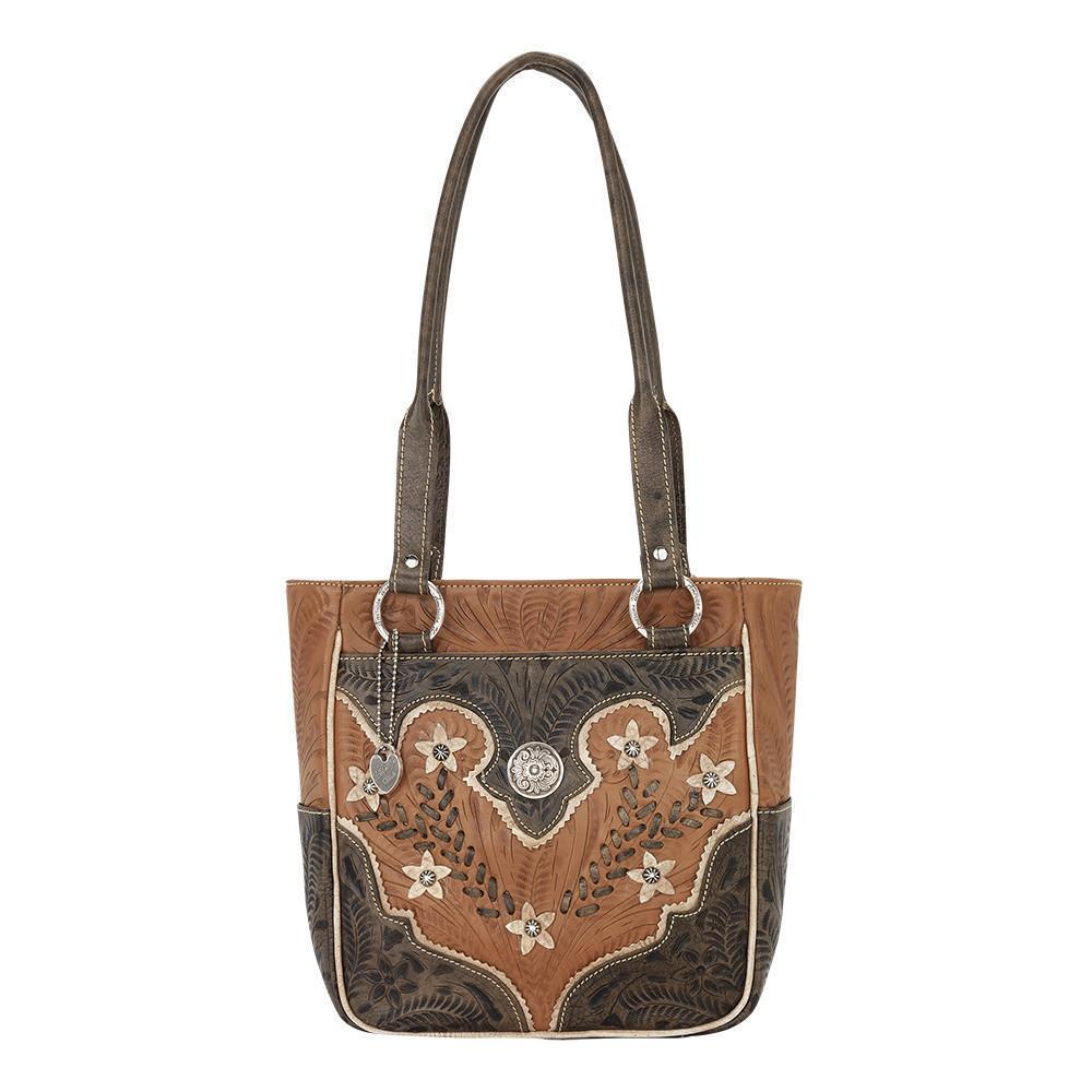 Desert Wildflower bucket tote in natural tan with hand tooled leather cream colored flower accents with straps up
