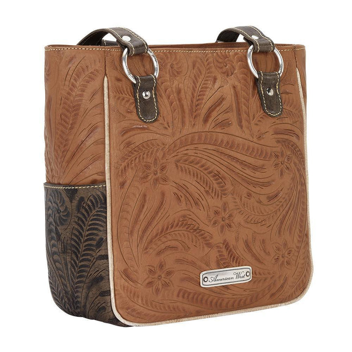 Back view of Desert Wildflower bucket tote with hand tooled design
