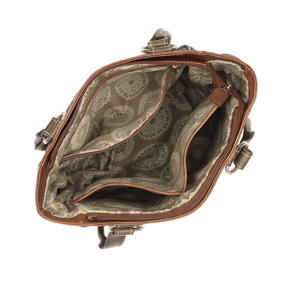 Inside view of Desert Wildflower bucket tote with one zippered and two slip pockets