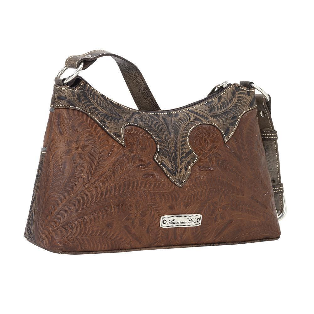 Back view of Desert Wildflower shoulder bag with hand tooled leather designs