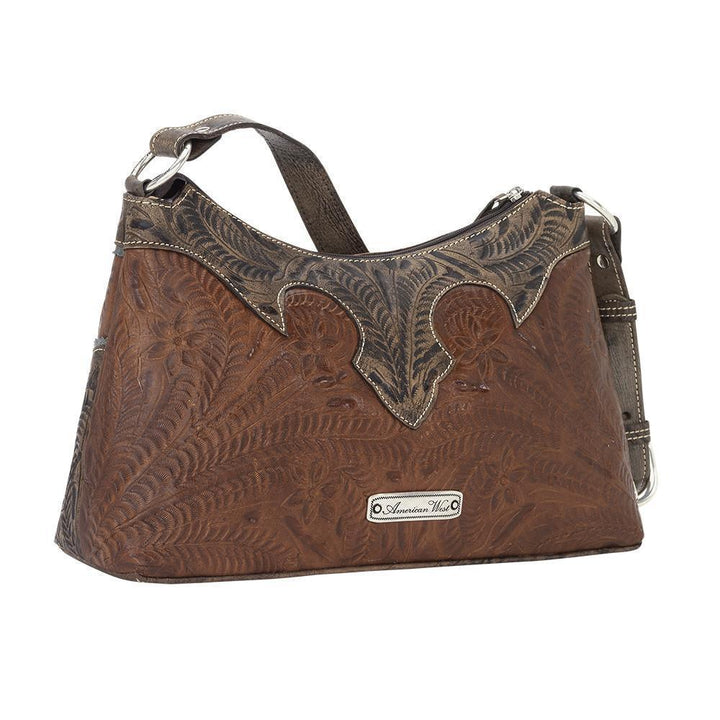 Back view of Desert Wildflower shoulder bag with hand tooled leather designs