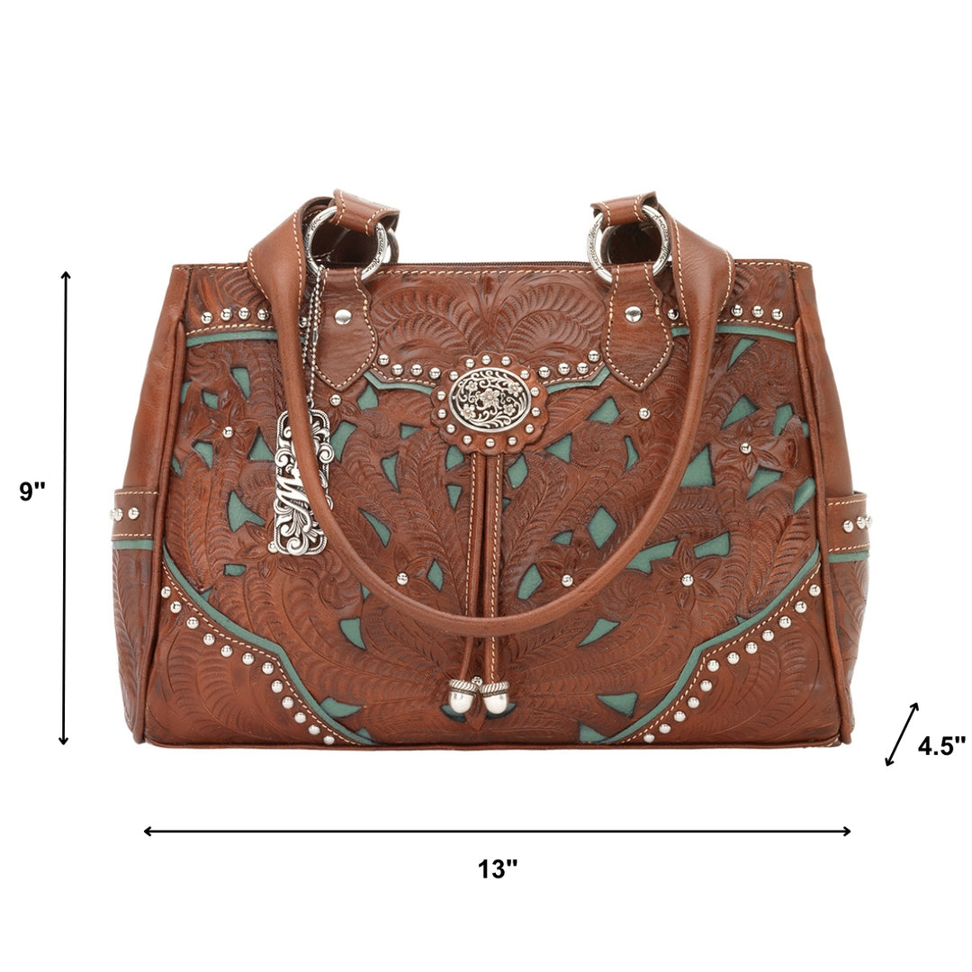 Lady Lace multi-compartment organizer tote in medium brown with hand tooled leather and cut out accents with dimensions