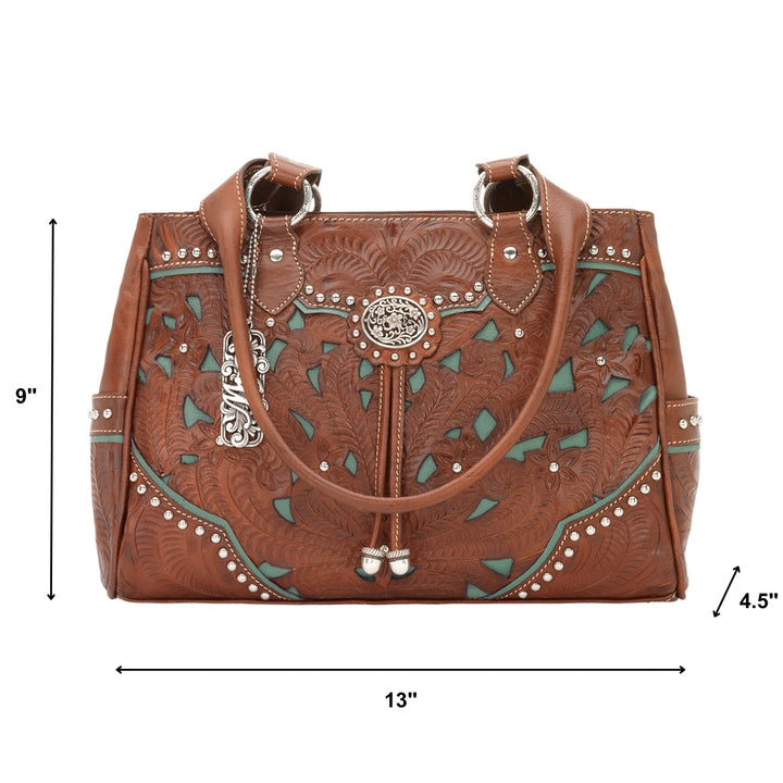 Lady Lace multi-compartment organizer tote in medium brown with hand tooled leather and cut out accents with dimensions