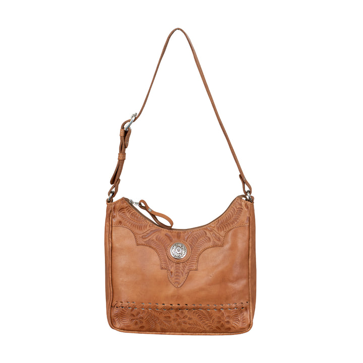 Harvest Moon conceal carry shoulder bag in natural tan with hand tooled leather accents with strap up