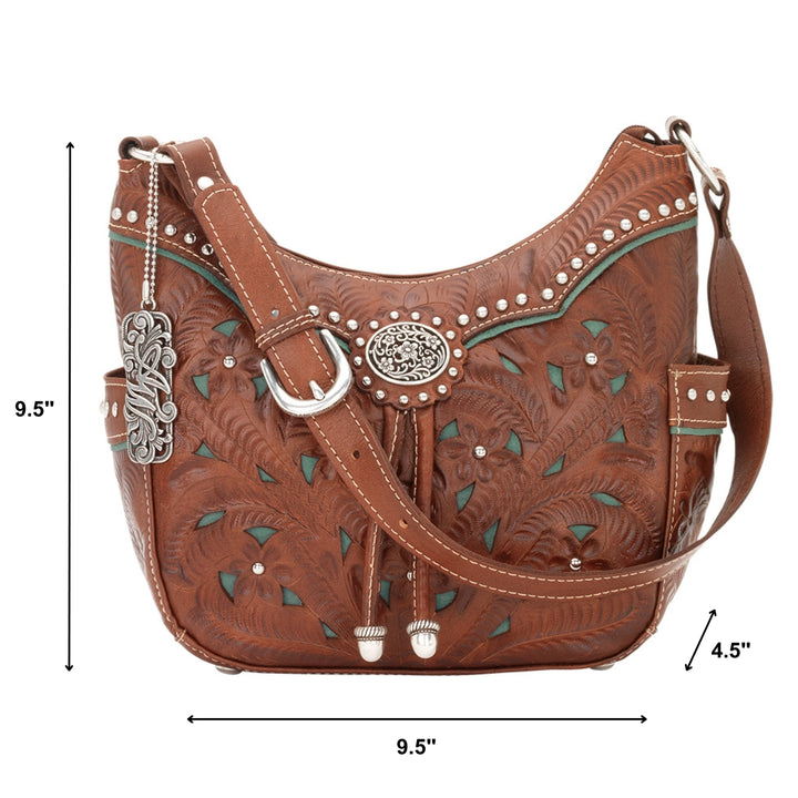 Lady Lace hobo bag with two side pockets in medium brown with hand tooled leather and cut out accents with dimensions
