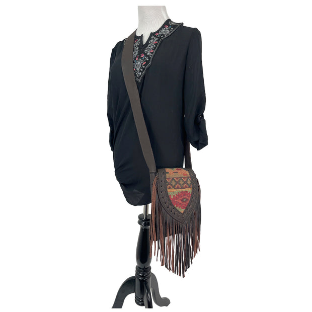Woven Tapestry Fringed Cowgirl Flap Bag Crossbody