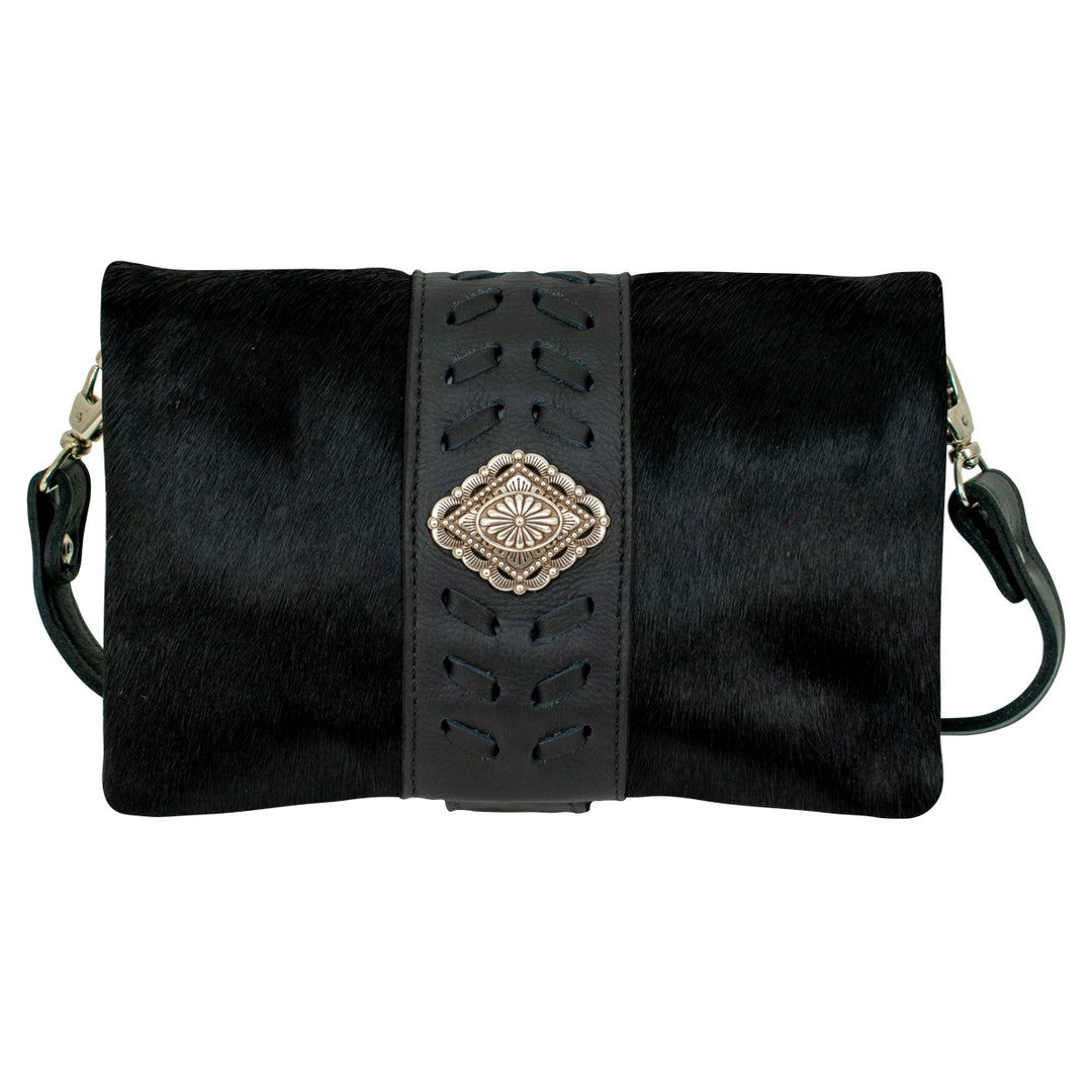 Grab and Go crossbody foldover wallet/crossbody in black hair-on with hair-on hide leather accents and concho