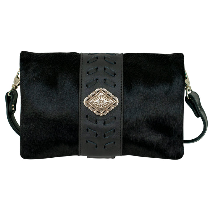 Grab and Go crossbody foldover wallet/crossbody in black hair-on with hair-on hide leather accents and concho