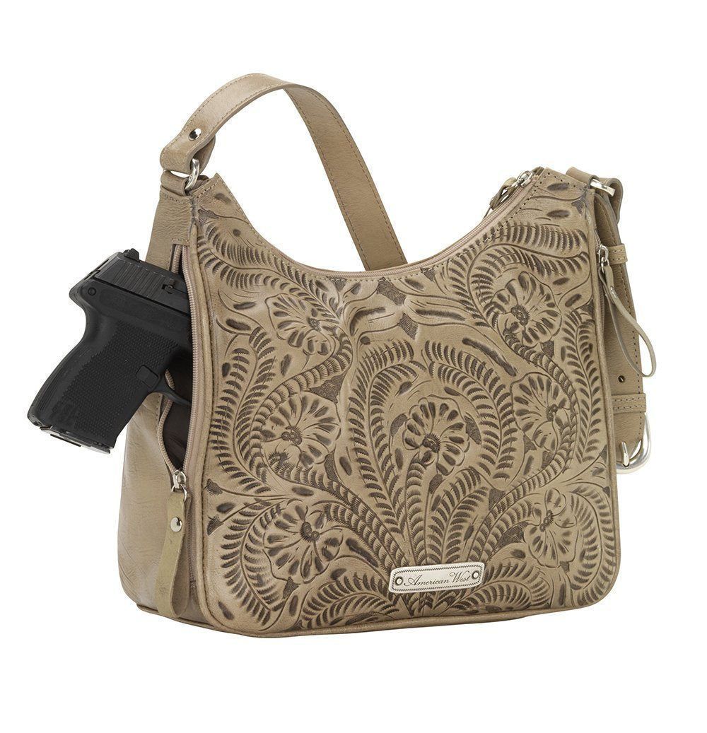 Back view of Harvest Moon conceal carry shoulder bag with gun 