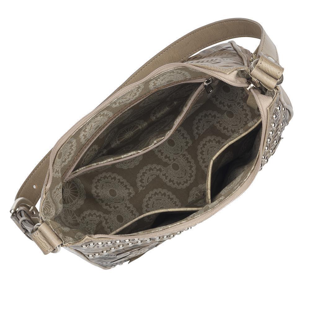 Inside view of Harvest Moon conceal carry shoulder bag with one zippered and two slip pockets