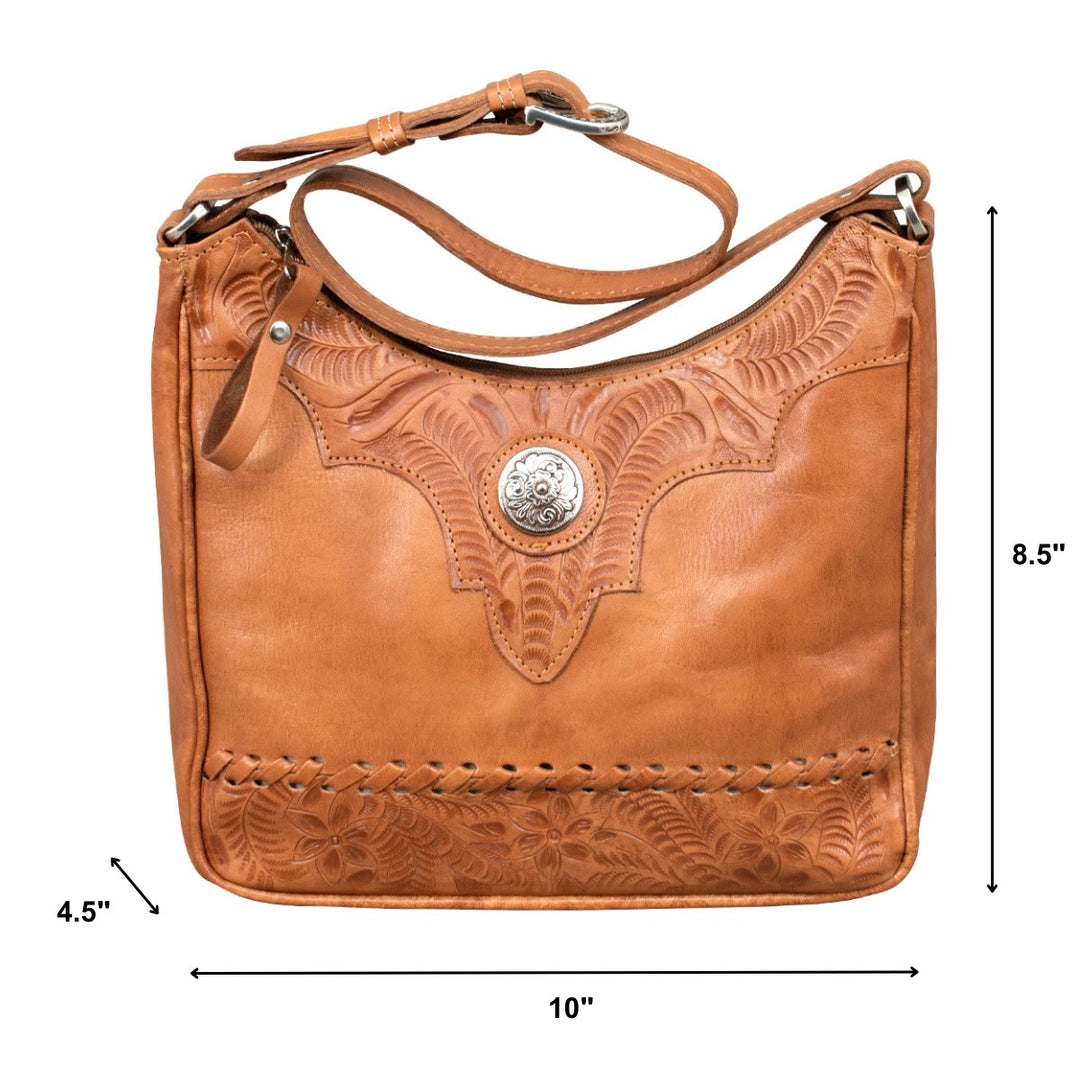Harvest Moon conceal carry shoulder bag in natural tan with hand tooled leather accents with dimensions