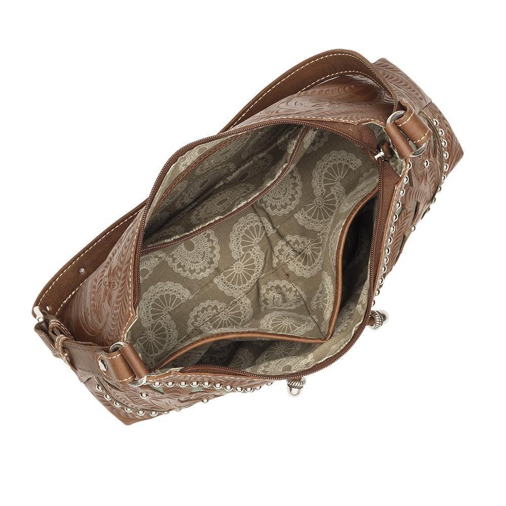 Lady Lace Zip Top Shoulder Bag -  Hand Tooled Genuine Leather