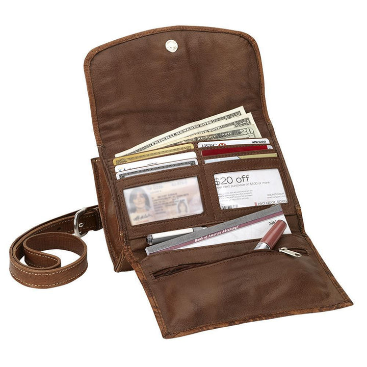 Inside view of Lady Lace crossbody bag with multiple card and slip pockets and clear id holder