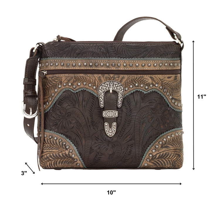 Saddle Ridge shoulder bag in chocolate brown with hand tooled leather accents and buckle with dimensions