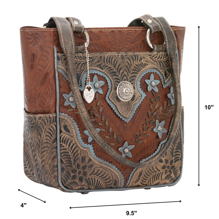 Desert Wildflower bucket tote in medium brown with hand tooled leather turquoise colored flower accents with dimensions