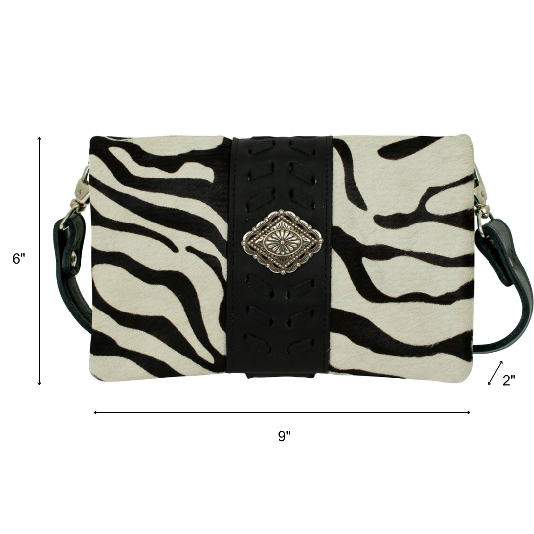 Grab and Go crossbody foldover wallet/crossbody in zebra hair-on with hair-on hide leather accents with dimensions