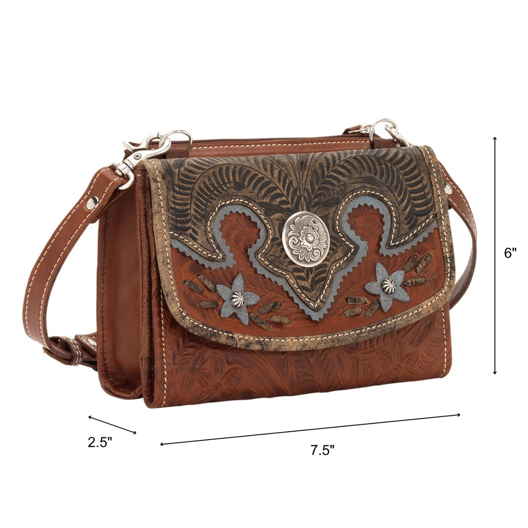Desert Wildflower crossbody bag in medium brown with hand tooled leather turquoise colored flower accents with dimensions