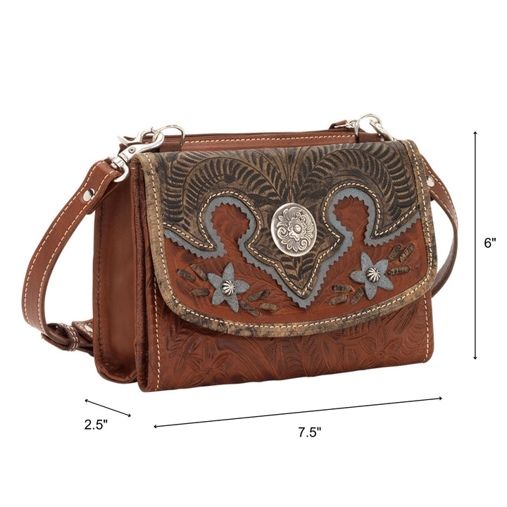 Desert Wildflower crossbody bag in medium brown with hand tooled leather turquoise colored flower accents with dimensions
