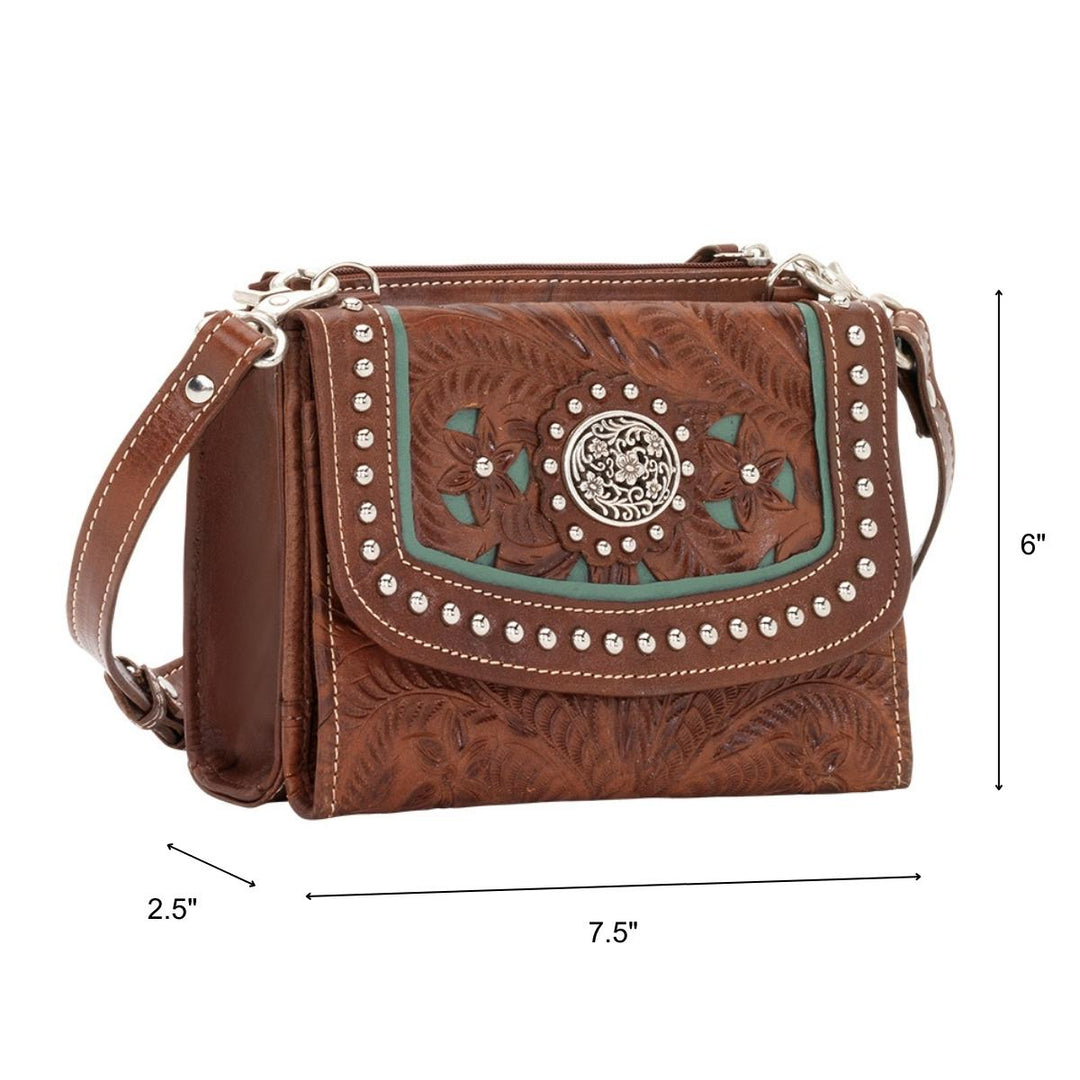 Lady Lace crossbody bag in medium brown with hand tooled leather and cut out accents with dimensions