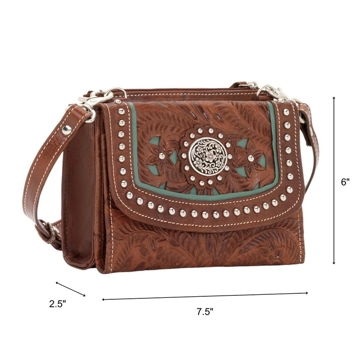Lady Lace crossbody bag in medium brown with hand tooled leather and cut out accents with dimensions